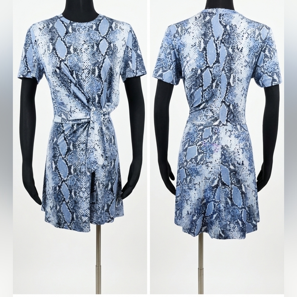 Diane Von Furstenberg Light Blue Snake-Print Tie-Waist Mini Dress